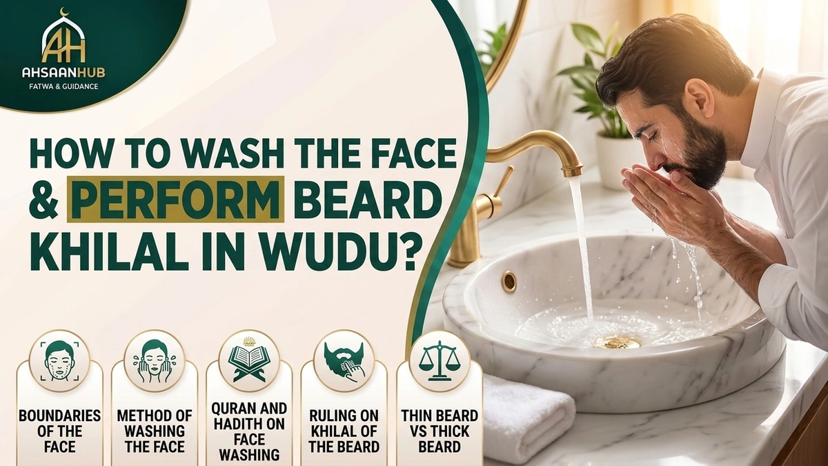 How to Wash the Face During Wudu and Perform Beard Khilal? Boundaries of the Face, Method of Washing, Quran and Hadith Proofs, and Thin vs Thick Beard Rulings – AhsaanHub Fatwa & Guidance