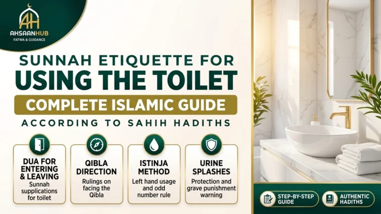 Sunnah Etiquette for Using the Toilet – Complete Islamic Guide covering Dua for entering and leaving, Qibla direction rulings, Istinja method, and protection from urine splashes according to Sahih Hadiths – AhsaanHub Fatwa & Guidance